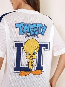 LOONEY TUNES X SHEIN Áo thun nữ thời trang xuyên thấu, chất liệu lưới, in chữ, cổ chữ V, tay ngắn. - trắng - Xem 7