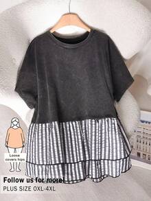 CosyJoli Plus Size Women Casual Batwing Sleeve Loose Top, Casual Women Short Sleeve T-Shirt, Patchwork Doll Tee, Women Casual Clothing Spring/Summer Casual Vacation T-Shirt - Black - View 1