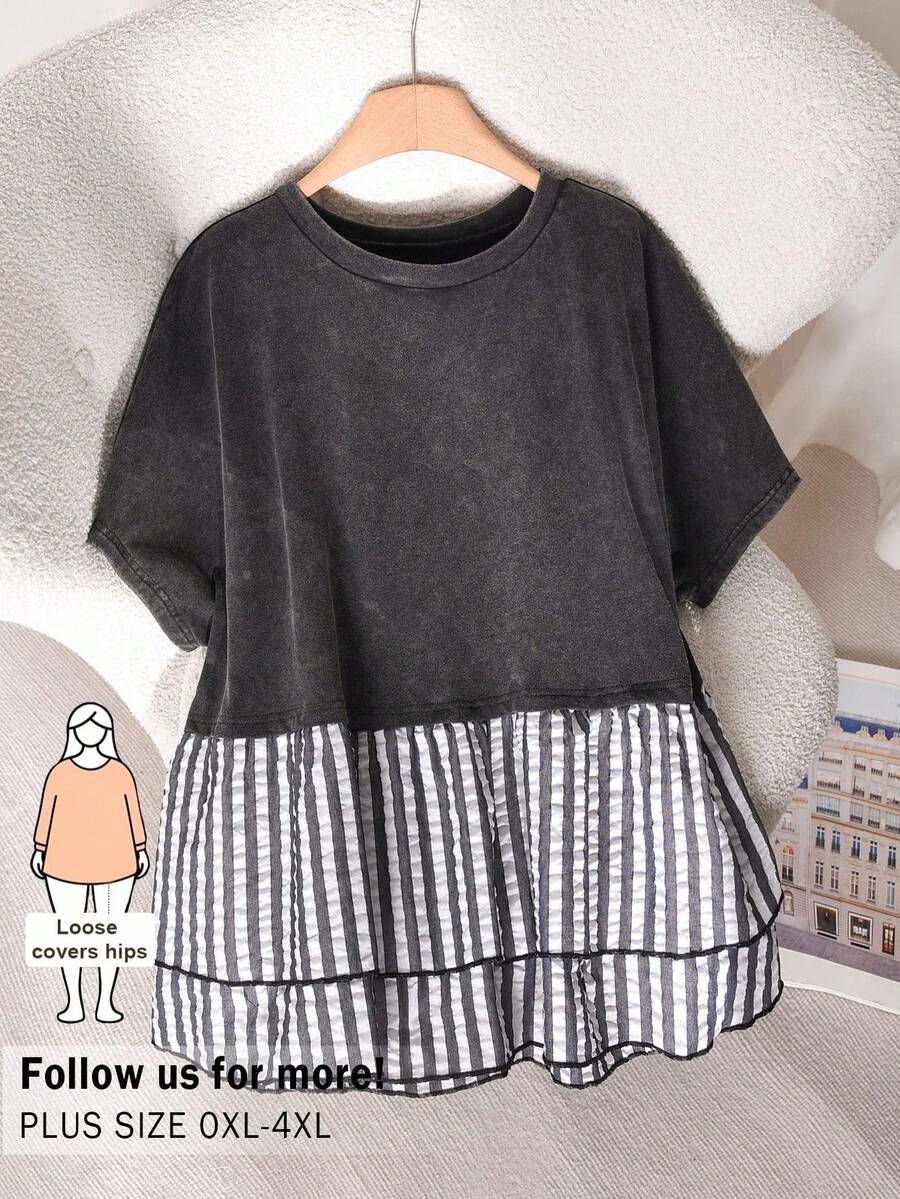 CosyJoli Plus Size Women Casual Batwing Sleeve Loose Top, Casual Women Short Sleeve T-Shirt, Patchwork Doll Tee, Women Casual Clothing Spring/Summer Casual Vacation T-Shirt - Black - View 1