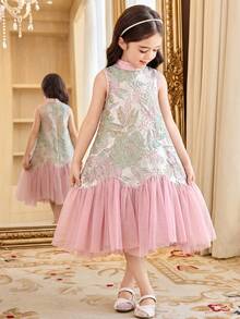 SHEIN Đầm chữ A không tay thanh lịch cho bé gái, cổ tàu. - Hồng - Xem 6