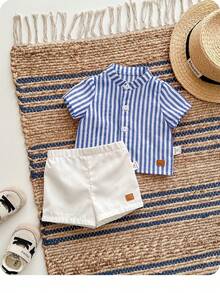 Set Baju Bayi Laki-laki Baru Lahir Kasual Lucu Bergaris Lengan Pendek dan Celana Pendek Pinggang Elastis - Royal Blue - View 4