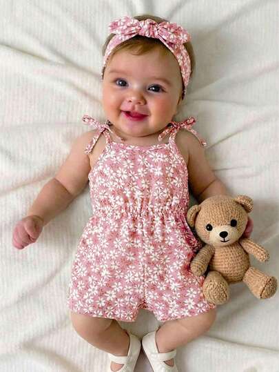 SHEIN Newborn Baby Girl Cute Summer Ditsy Floral Romper