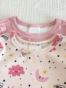 SHEIN Bộ 4 món đồ ngủ tối giản dễ thương màu hồng và mơ in hình ngôi sao, trăng, mây, cổ tròn, tay ngắn, chất liệu thun co giãn, ôm sát, gồm áo và quần. - Hồng - Xem 3