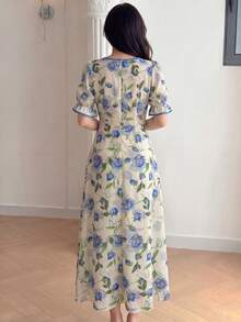 Modelyn 女士蓝色水彩印花A字腰带短袖优雅浪漫连衣裙，春夏款 - 彩色 - 查看 5