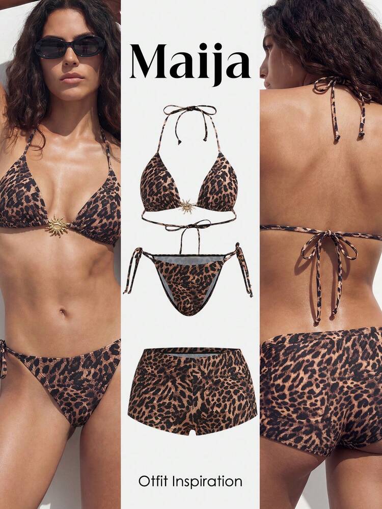 SHEIN Maija Women's Brown Leopard Print Bikini Set With Metal Decor Buckle,Animal Print Swimwear With Shorts,2 Pieces Summer Casual Beach Vacation Holiday