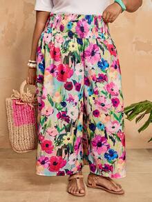 SHEIN CURVE+ 大码女式印花束腰宽松阔腿裤，带口袋，休闲度假风，春夏女裤，波西米亚风度假裤，花卉/春季 - 彩色 - 查看 8