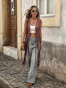 Brillora Áo vest dáng ngắn có chi tiết đinh tán và tua rua, thích hợp cho mùa Thu/Đông. - Màu đỏ tím - Xem 7