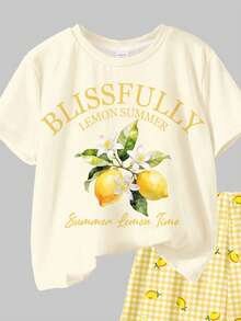 SHEIN Young Girl Retro Elegant Cream Lemon Tree Print Pattern,Fresh Yellow Plaid Short Sleeve T-Shirt And Shorts 2-Piece Set,Holiday Summer,Pastoral Style - Multicolor - View 4