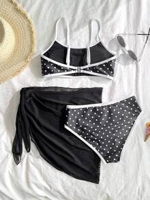 SHEIN Tween Girl Summer Vacation Beach Polka Dot Print Trim Spaghetti Strap Bikini Set - Black - View 6