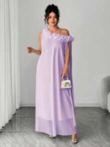 Elenzga Elegant Women's Ruched Design 3D Floral Single Sleeve Dress Fall - Mauve Purple - View 4