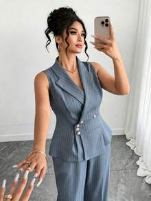 Elenzga Plus Size Women Commuting Minimalist Striped Vest And Pants 2 Pieces Set - Dusty Blue - View 4