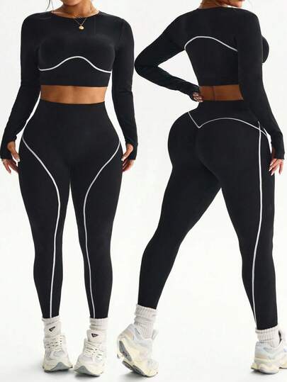 Rhythm Era Conjunto de camiseta de manga larga negra sin costuras y leggings 7/8 de talla grande para mujer, apto para yoga, fitness y uso diario