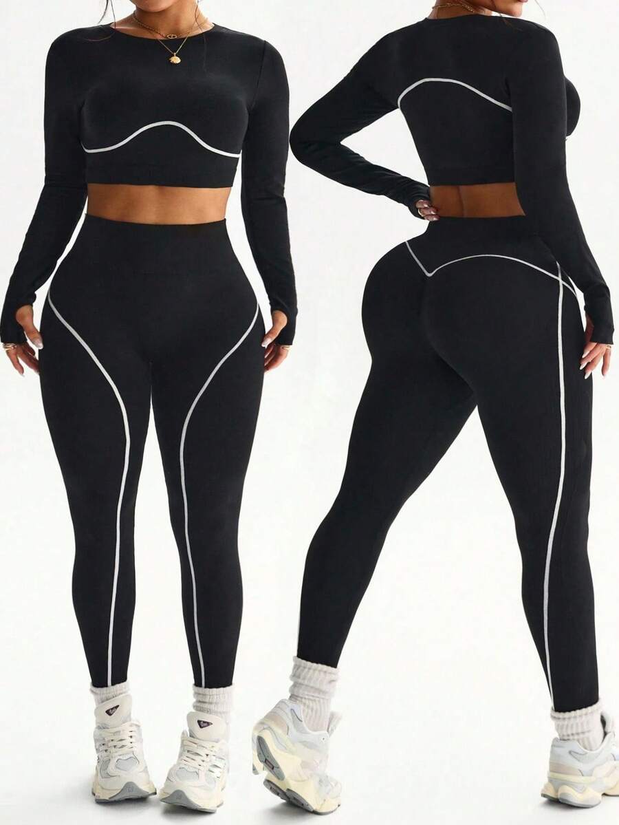Rhythm Era Bộ áo thun dài tay màu đen liền mạch cỡ lớn và quần legging 7/8 dành cho nữ, Yoga, Thể dục, Trang phục hàng ngày - Đen và trắng - Xem 1