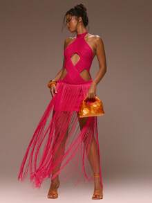 MUSERA 钩针编织交叉细节长流苏连衣裙少女春夏度假夜晚外出可爱场合金色沙滩 - 玫紅色 - 查看 1