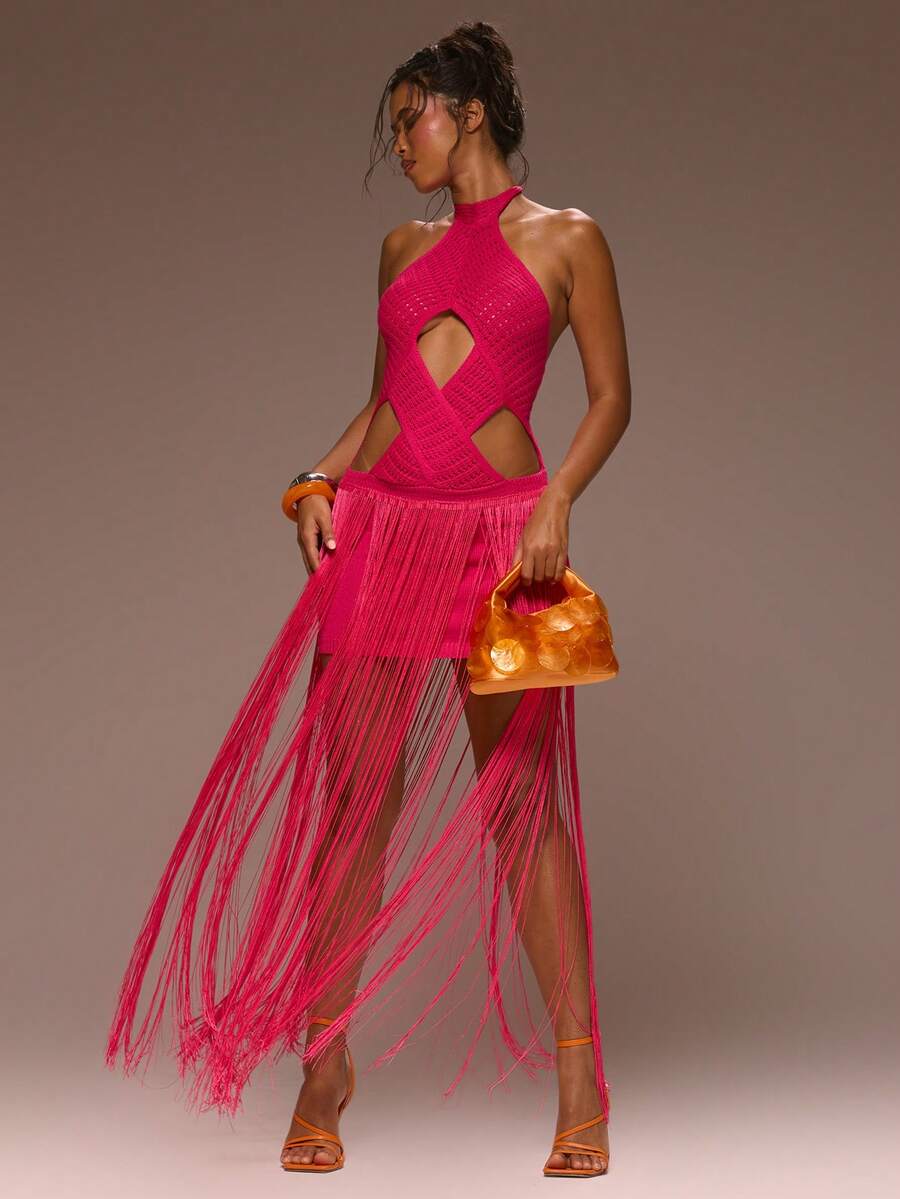 MUSERA 钩针编织交叉细节长流苏连衣裙少女春夏度假夜晚外出可爱场合金色沙滩 - 玫紅色 - 查看 1