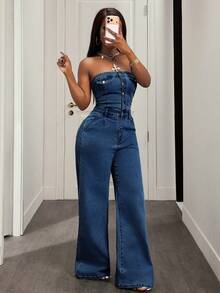 SHEIN Slayr Bộ áo liền quần denim cài cúc nửa thân mùa hè dành cho nữ - Rửa tối - Xem 6