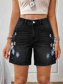 EMERY ROSE Pantaloncini di jeans casual larghi con decorazione floreale e tasche per le donne - nero - Visualizzare 5
