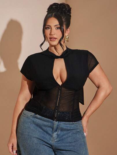 SHEIN BAE Women's Plus Size Sexy Cutout Sheer Fashionable Strappy Button-Up Top With Slim Fit