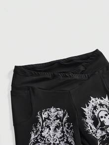 ROMWE Gothic Skull & Thorny Rose Print Leggings - Black - View 3