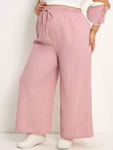 Plussiva Maternity Plus Size Textured Drawstring Waist Pocket Loose Casual Pants, Versatile Daily Wear - Pink - View 10