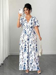Elenzga Plus Size Women's Blue & White Floral Jumpsuit, V-Neck Short Sleeve Cinched Waist Wide Leg Pants, Elegant Slimming Casual Everyday Wear & Holiday Outfit - Multicolor - View 1