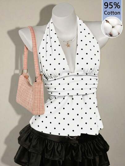 SHEIN ICON Women's 95% Cotton Black & White Polka Dot Halter Deep V-Neck Ruched A-Line Backless Top - Sexy Cute Vintage Y2K Coconut Girl Style For Spring/Summer Vacations, Beach, Hawaii, Island Trips, Boho & Music Festivals,Summer Top