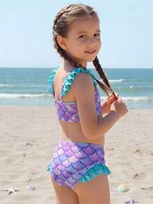 SHEIN Young Girls Halter Cap Sleeve Ruffle Hem Summer Bikini Swimsuit - Purple - View 4