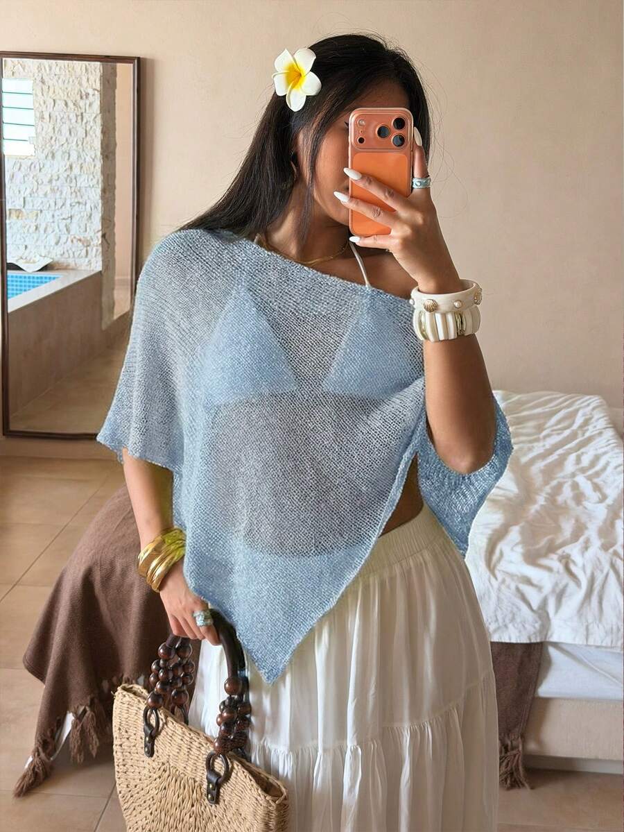 Sunnyshic Áo khoác ngoài dệt kim mỏng nhẹ, màu xanh lá cây, kiểu dáng tối giản, khoét lỗ, phong cách nghỉ mát, thích hợp cho nữ, mùa hè. - Màu xanh lam - Xem 1