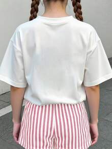 青少年女孩休閒可愛紋理小狗圖案寬鬆圓領短袖T恤與條紋短褲2件套，適合春夏 - 彩色 - 查看 3