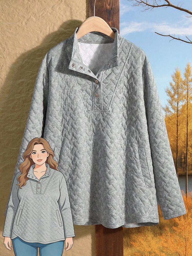 Plus Size Women Fall/Winter Casual Stand Collar Solid Color Long Sleeve Grey Sweatshirt With Pockets, Autumn/Winter, Going Out, 2025 New, Simple And Fashionable For Everyday Wear, Sweatshirt, Grey Tops With Button Design, Christmas, New Year