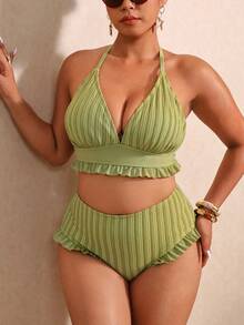 Elaquor Conjunto de bikini de talla grande con volantes, unicolor, con abertura lateral - Verde - Ver 9