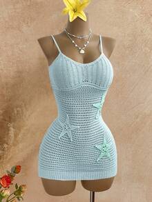 Elamini Women's Light Blue Starfish Applique Fashionable Versatile Vacation Style Summer Camisole Dress - Blue - View 5