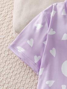 Ensemble 2 pièces Top à manches courtes et short violet, imprimé nuage et cœur, doux et confortable, style décontracté ample, pour l'été - Prune - Voir 4