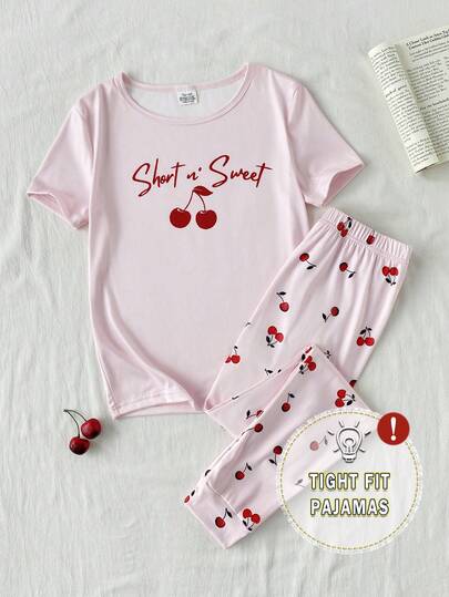 春夏舒适贴身睡衣套装，甜美可爱的樱桃印花，柔软舒适，高弹力短袖上衣和长裤两件套家居服，适合年轻女性