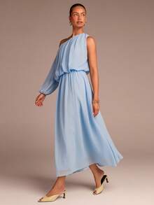 COSMINA Women's Elegant Asymmetrical Neck Ruched Jumpsuit, Versatile Wide-Leg Loose Extra-Long Style For Spring, Summer, Autumn, Winter, Commute, Date, Spring Outing, Garden, Beach Vacation - Blue - View 6