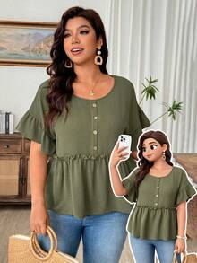 Weeklong Plus Size Women's Military Green Crinkle Fabric Wood Button Ruffle Trim Round Neck Short Loose Blouse, Casual Vacation Comfortable Outerwear, Spring/Summer Premium Tops For Women Tops For Ladies Casual Tops For Women New Arrivals Blouse For Women Casual - Army Green - View 1