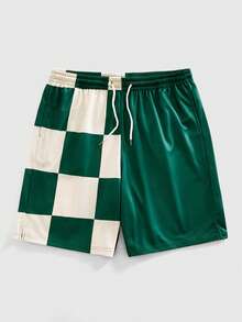 Vacation & Street Style Men's Checkered Collision Sports Casual Shorts - Green - View 1