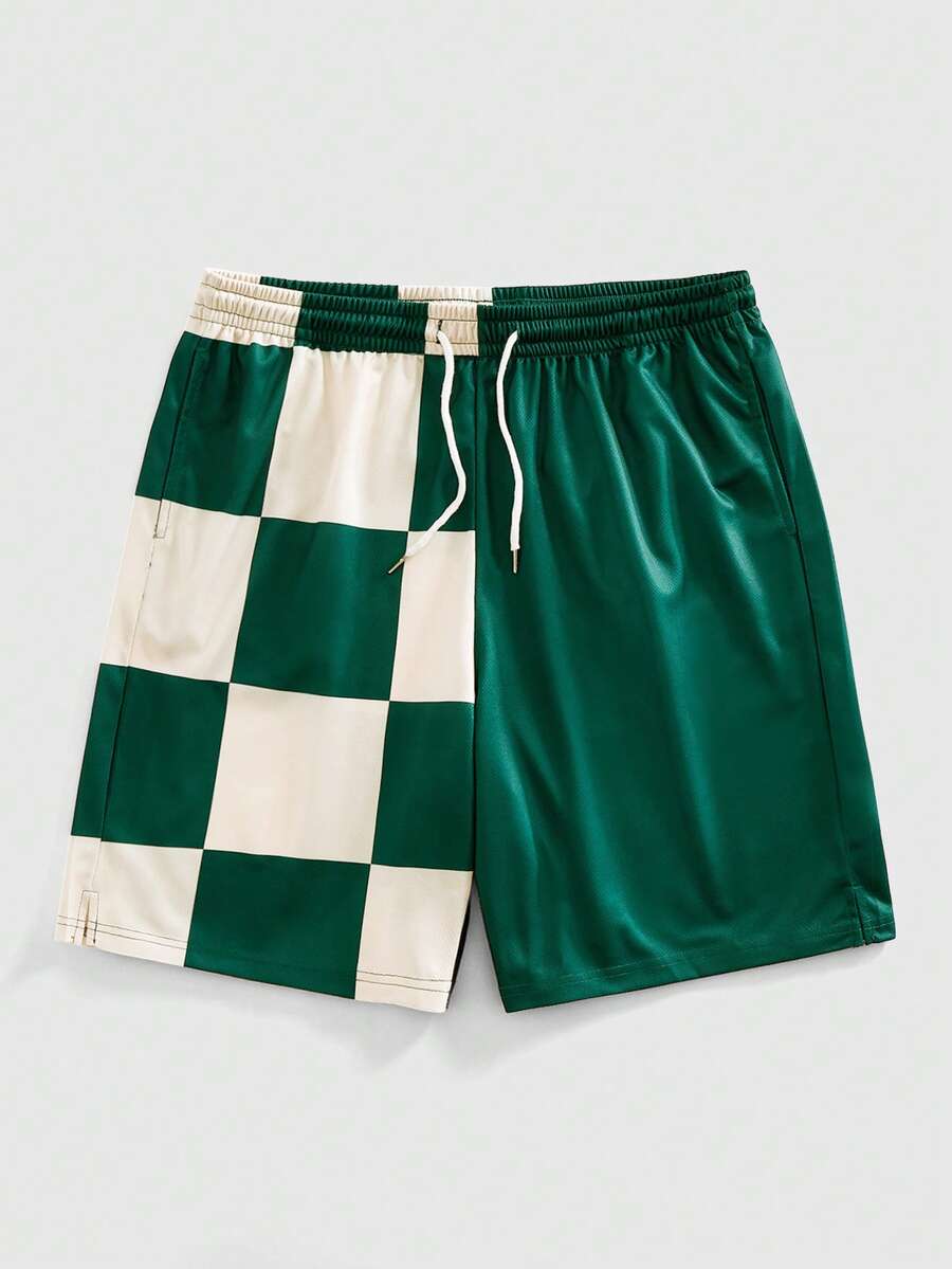 Vacation & Street Style Men's Checkered Collision Sports Casual Shorts - Green - View 1