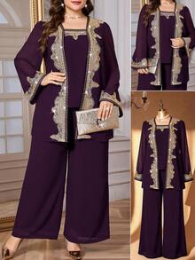 Reflora Plus Size Women's 2 Pieces Set, Elegant Purple Rhinestone Decorated 2 Pieces Outfit For Gatherings, Autumn/Winter - Purple - View 7
