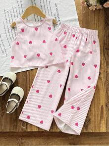 2pcs/Set Young Girl Striped Print Sleeveless Top & Loose Casual Pants - Pink - View 2