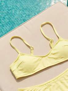 SHEIN Swim 2件套女士时尚可爱度假性感沙滩/泳池/派对纯色可调节细肩带超细比基尼上衣和下装泳衣套装 - 黃色 - 查看 4