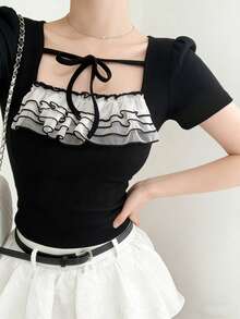 FRIFUL Áo thun nữ phối màu nhiều lớp, xếp nếp, thắt nơ, chất liệu lưới xuyên thấu, dáng ôm vừa vặn, thích hợp cho mùa xuân và mùa hè. - màu đen - Xem 3