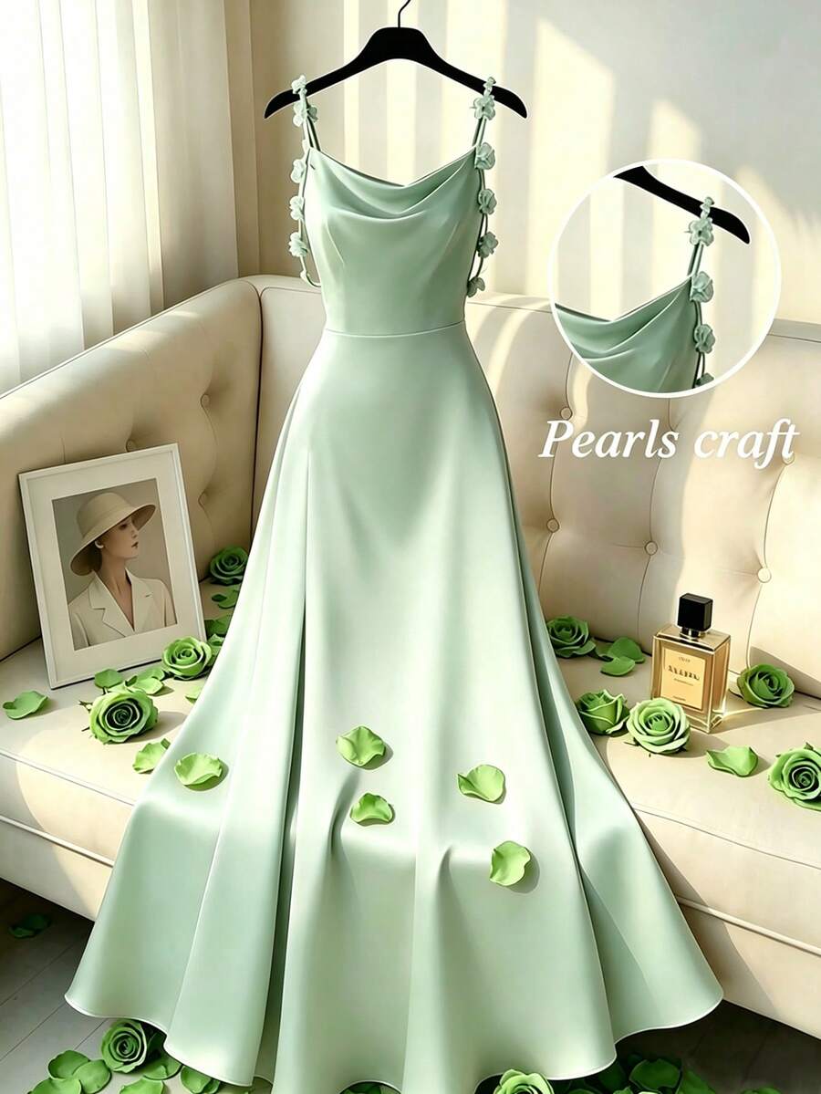 GlowEve CURVE Women's Spring/Summer Elegant Mint Green Smooth Draping Sleeveless Dress With 3D Floral Decor - Mint Green - View 1