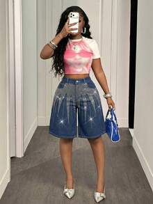 Slaydiva Quần short denim nữ dáng rộng, đính đá lấp lánh, có túi khóa kéo. - Hồng - Xem 5