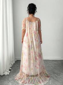 Elenzga Plus Size Women Elegant Woven Double Layer Embroidered Floral Sheer Bubble Short Sleeve Dress Fairy Gown For Women Beautiful Dresses For Plus Size Woman - Apricot - View 2