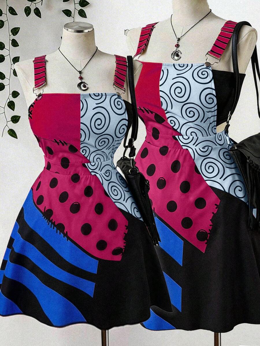 Sunspun Plus Size Women Summer Fashion Vacation Style Patchwork Printed Criss-Cross Backless Strap Dress - Multicolor - View 1