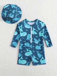 SHEIN Infant/Baby BoyWhale Print Long Sleeve Rash Guard Swimsuit With Sun Protection Wide Brim Hat - Green - View 3