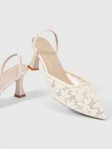 ROMWE Kawaii Giày cao gót nữ mũi nhọn, giày gợi cảm, giày có khóa cài, giày công sở, giày dự tiệc, giày cao gót phối cùng váy. - Màu be - Xem 1