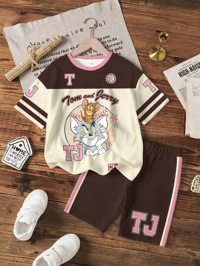 TOM & JERRY X SHEIN Bộ đồ thường ngày dành cho bé gái tuổi teen: áo thun ngắn tay và quần short in hình hoạt hình.