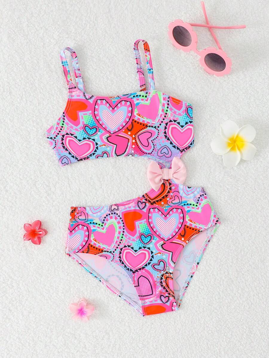 SHEIN 可爱爱心印花女童连体泳衣,带蝴蝶结(随机印花) - 彩色 - 查看 1